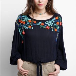 Free People Tie Front Embroidered Peasant Top